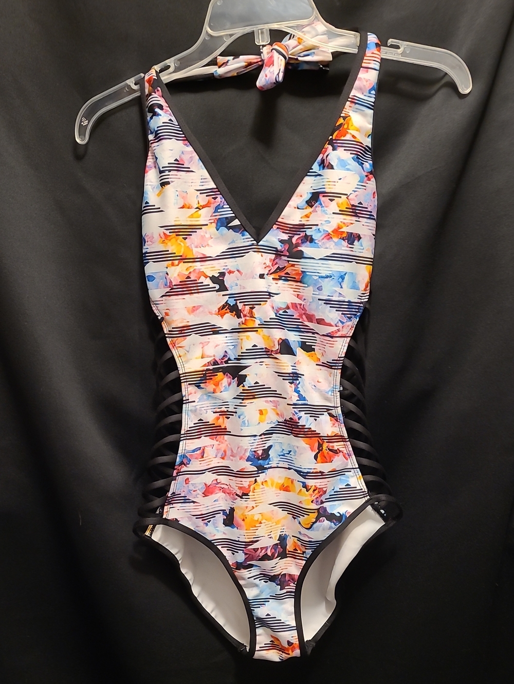 Kenneth Cole New York V-Neck One-Piece Swimsuit in Floral Stripe Multicolor